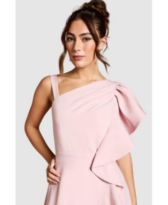 Women's One Shoulder Crepe Ruffle Midi Dress