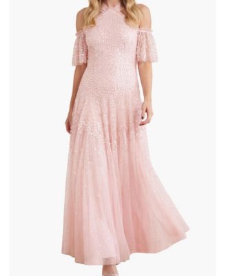 Women's Scallop Sequin Halter-Neck Ankle Gown