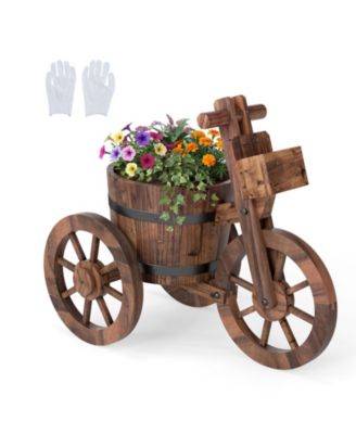 Rustic Carbonized Wood Tricycle Planter with Storage Box