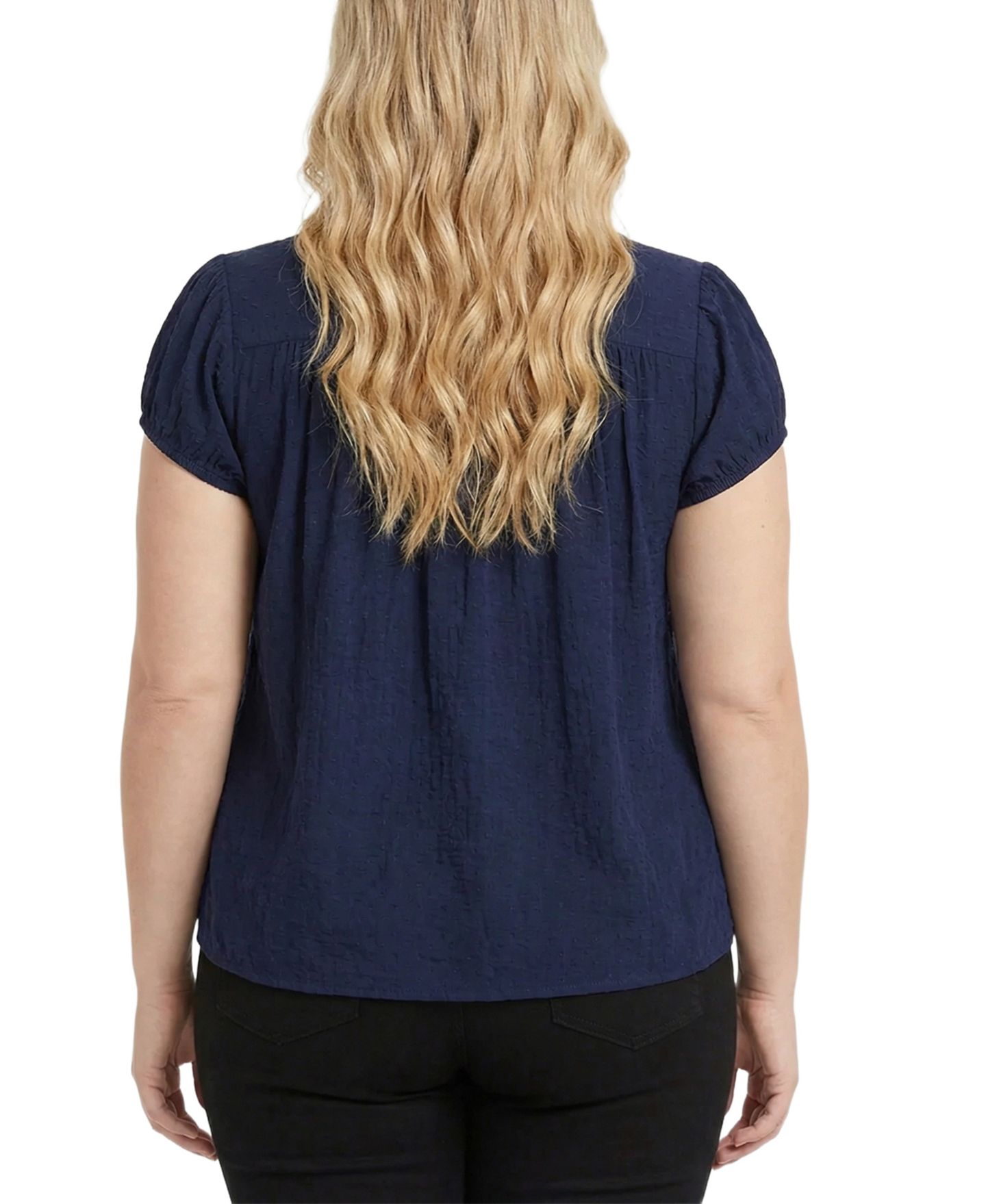 Женский топ NY Collection Plus Size Cap-Sleeve Rouched Yoke, цвет: Тёмно-синий — фото 4