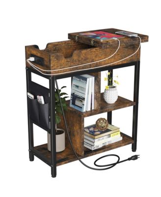 Flip Top End Table with Charging Station and Storage Shelves