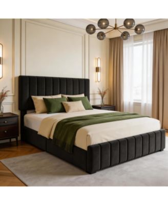 Bed Frame with 4 Storage Drawers, Adjustable Height Headboard, Upholstered Platform Bed Frame