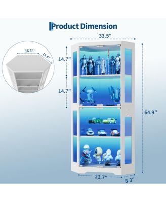 Modern Glass Corner Display Cabinet – 4 Tiers, Glass Doors, 3-Color LED Lighting, Motion Detector, Charging Ports