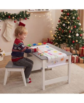 Kids Art Table and Stool Set with Paper Roll and 4 Paint Cups