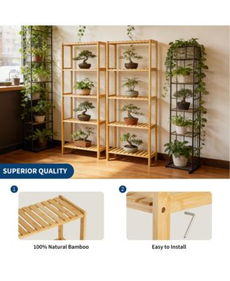 5-Tier Wide Bamboo Shelf Narrow Bathroom Shelf with Slatted Shelves Wood Plant Stand Standing Towel Rack Corner Rack