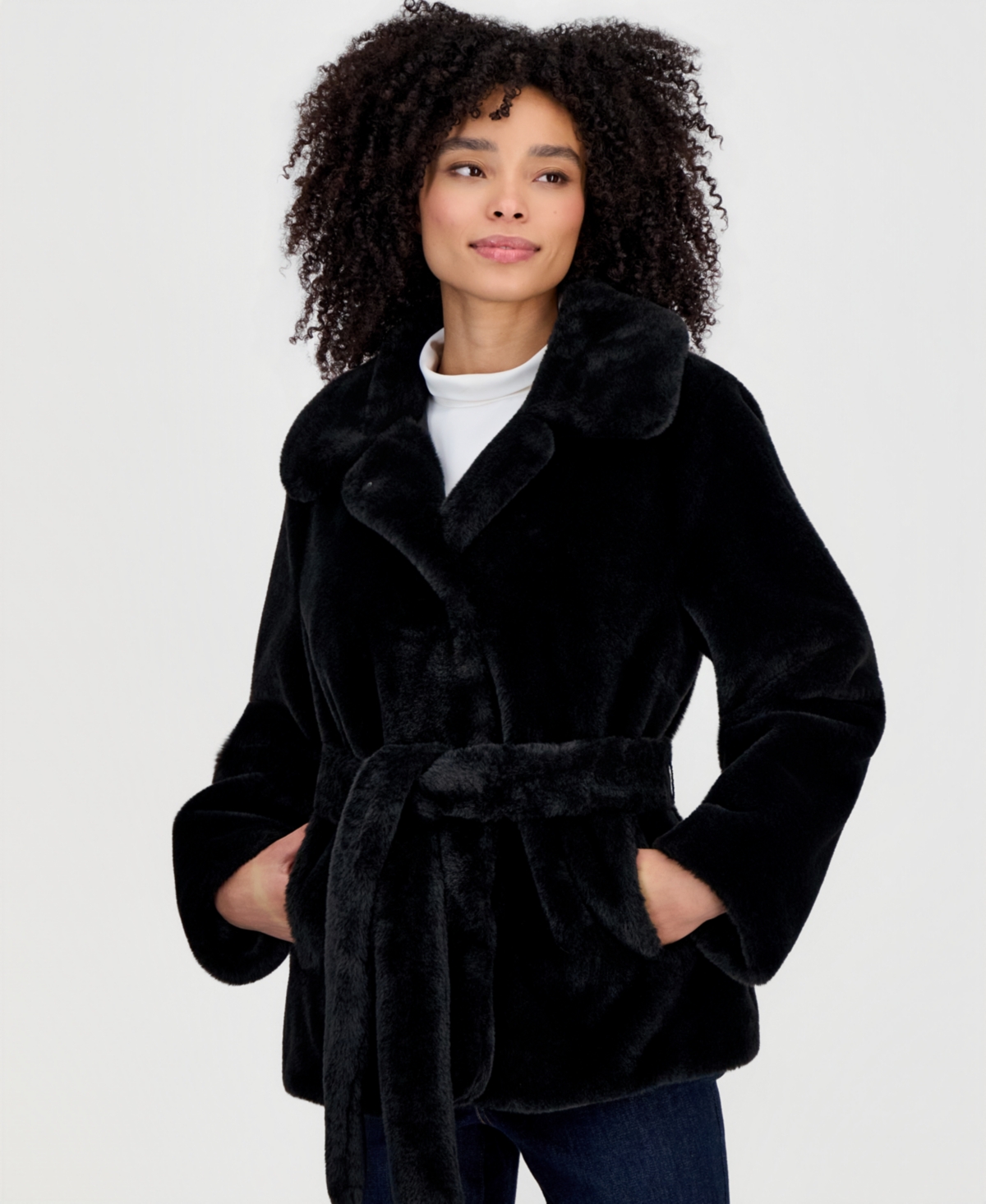 Sebby Women's Faux-Fur Belted Lined Coat