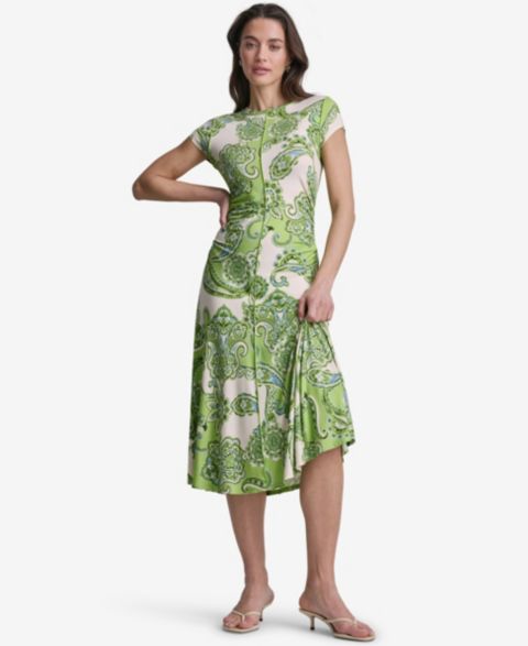 Женское платье BCBG Paisley-Print Cap-Sleeve Crewneck Midi, цвет: Зелёный