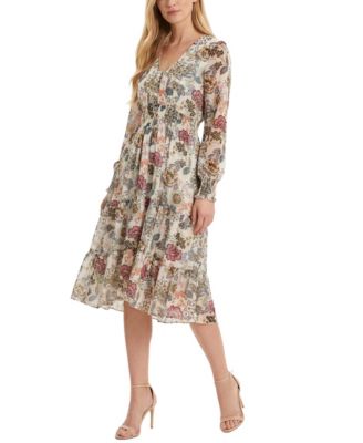 Women's Long-Sleeve Clip Dot Chiffon Dress with Smocked Waist and Cuffs