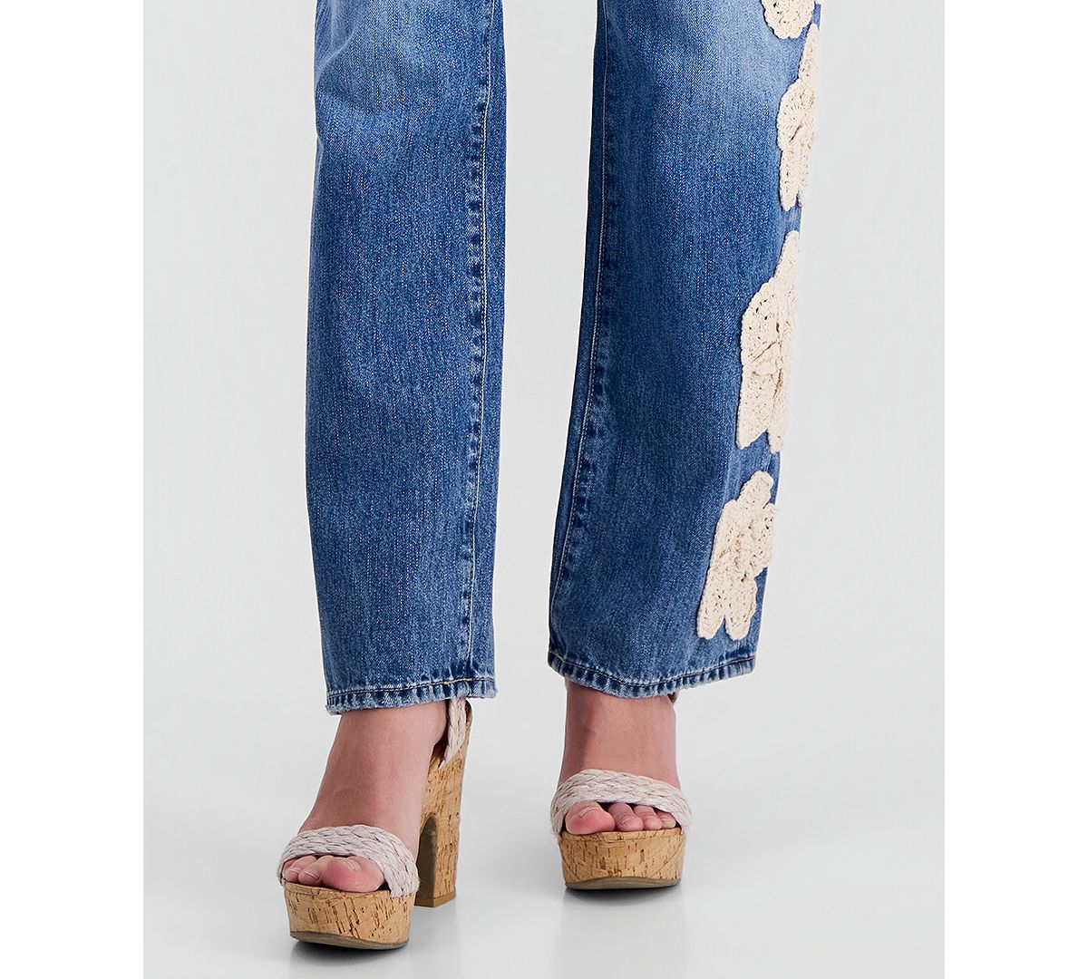 GUESS Women's Gaia High Rise Floral Crochet Straight-Leg Jeans view 6 — MAYCSS fashion products