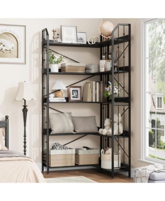 Industrial L-Shaped Corner Bookshelf, 5-Tier Bookcase Storage Display Shelf