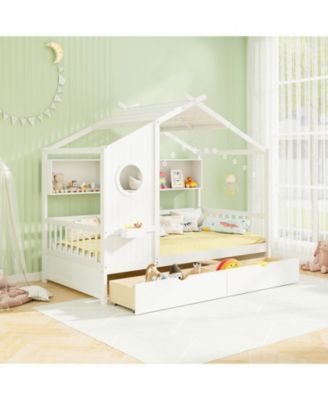 House Bed Kids Bed Frame w/ 2 Storage Drawers & Fence Guardrails