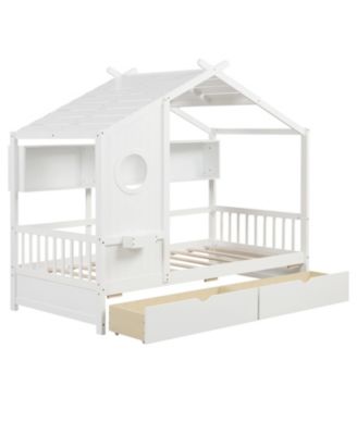 House Bed Kids Bed Frame w/ 2 Storage Drawers & Fence Guardrails