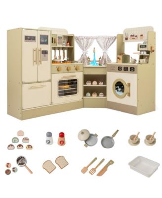 Corner Kids Kitchen Playset Toy with Faucet Dishwasher Stove Set