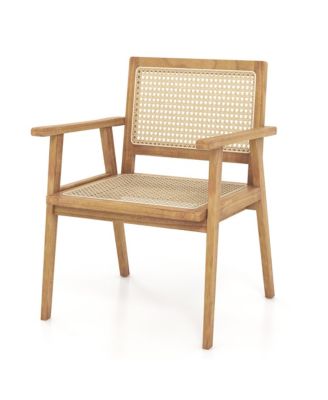 Wood Chair Teak Wood Armchair w/ Rattan Seat and Curved Backrest Patio
