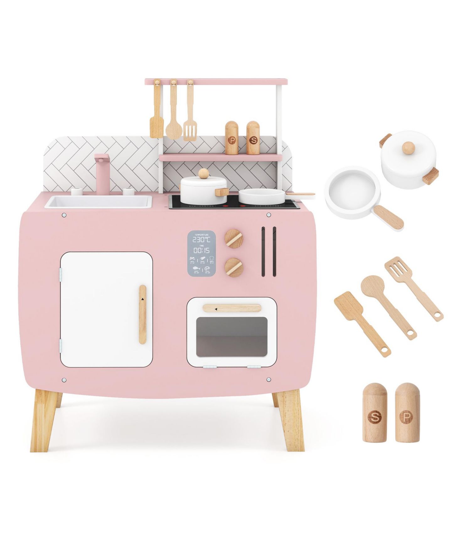 Детский игровой набор Slickblue Wooden Kitchen Playset, от 3 лет, цвет: Розовый / Белый — фото 4