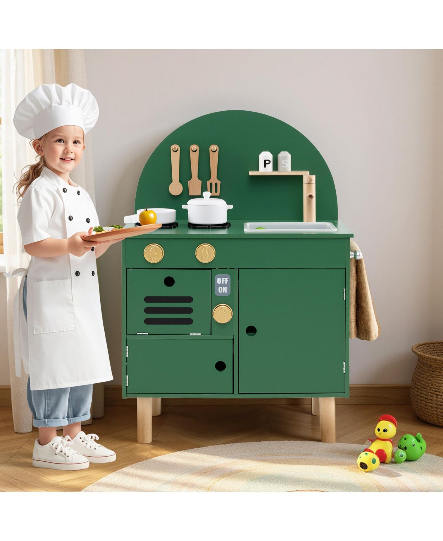 Деревянная игровая кухня Slickblue, 9 предметов, от 3 лет, цвет: Зелёный — фото 2