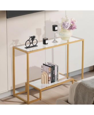 Tempered Glass 2-Tier Console Table with Metal Frame and Anti-Tip Device