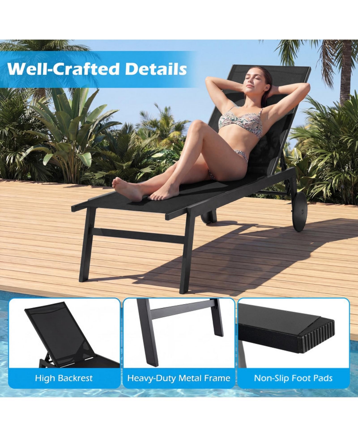 Gouun Set of 2 Patio Lounge Chairs with Wheels and 6-Level Adjustable Backrest