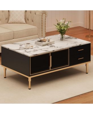 Modern Faux Marble Coffee Table with Storage, 4 Drawers, 2 Glass Doors, Fluted Design, Adjustable Legs