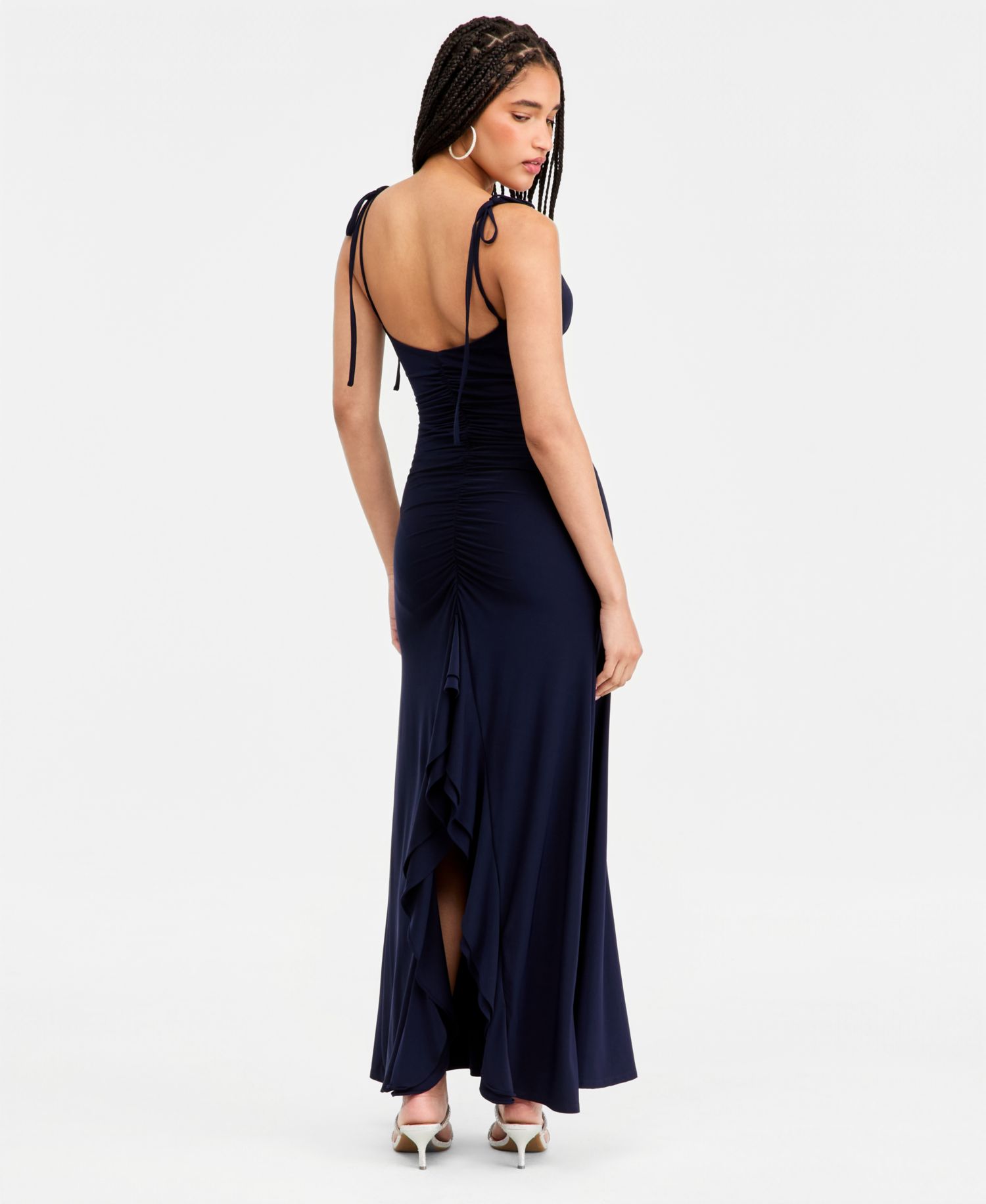 Juniors' Shirred-Back Tie-Strap Long Dress