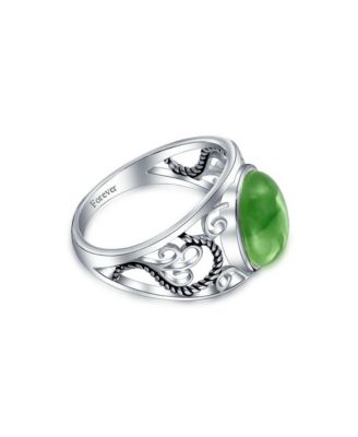 Scroll Filigree Oval Natural Green Jade Statement Ring .925 Sterling Silver