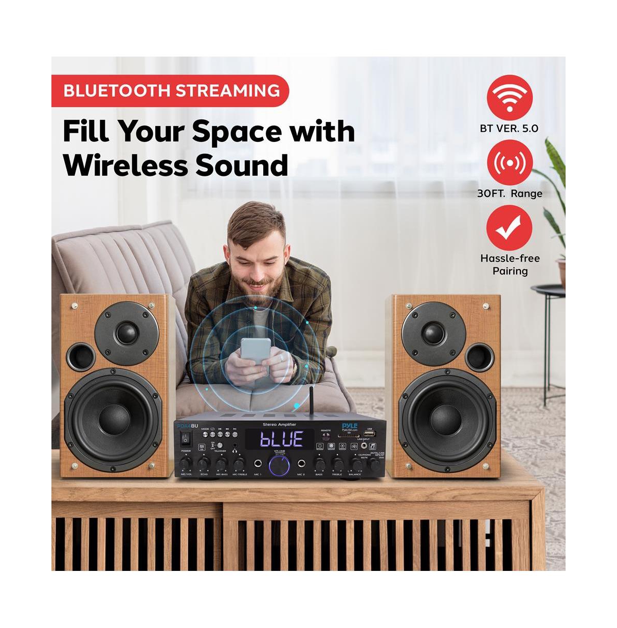 Pyle Bluetooth Stereo Amplifier Receiver - Optical, Phono, Coaxial, Fm Radio, Usb & Sd Memory Card Readers, Line, Input, Digital Led Display