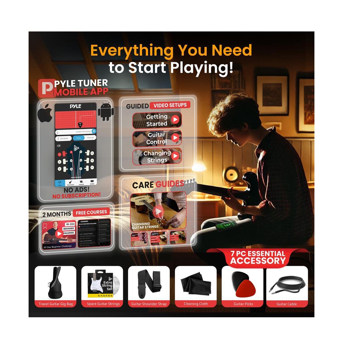 Pyle St Style Electric Guitar Kit with 5W Amplifier and Accessories- High Gloss