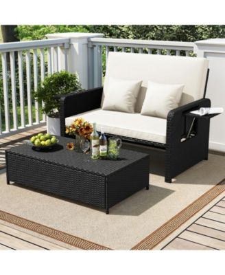 PE Wicker Outdoor Daybed with 4-Level Adjustable Backrest and Ottoman