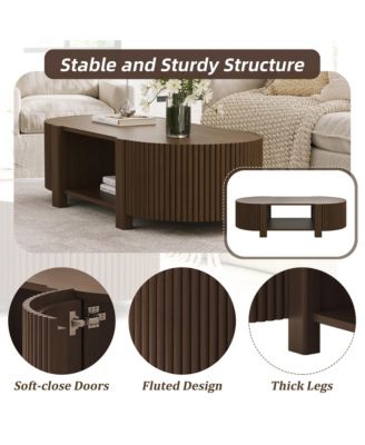 Oval Coffee Table with Storage, Fluted Center Table with Shelves and 2 Open Doors, 47" Mid Century Modern Coffee Table for Living Room