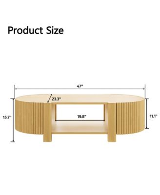 47" Fluted Oval Center Table, Mid Century Modern Coffee Table with Storage Shelves and 2 Open Doors for Home Living Room