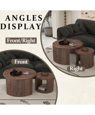 Modern Circular Nesting Coffee Table Set of 2, 31.5" Main Table and 18" Stackable Side Table, Wooden Round Center Table for Living Room