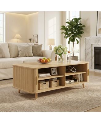 Modern Mid-Century Coffee Table with Storage - 4 Open Shelves and 2 Tambour Doors for Living Room, Home Theater