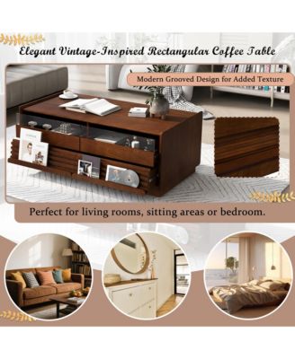 47.2 Inch Modern Wooden Rectangular Coffee Table, Fluted Center Table with 4 Drawers and 2 Open Display Shelves for Living Room