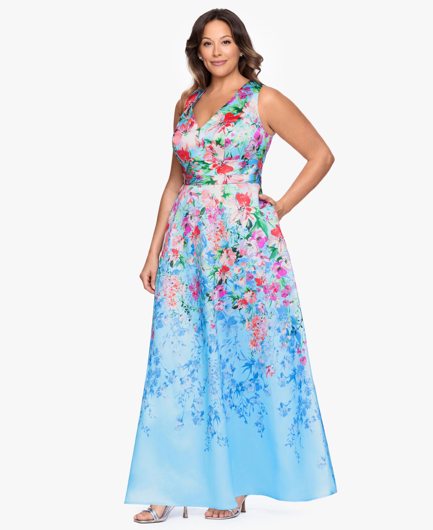 Plus Size Floral Print V-Neck Sleeveless Gown
