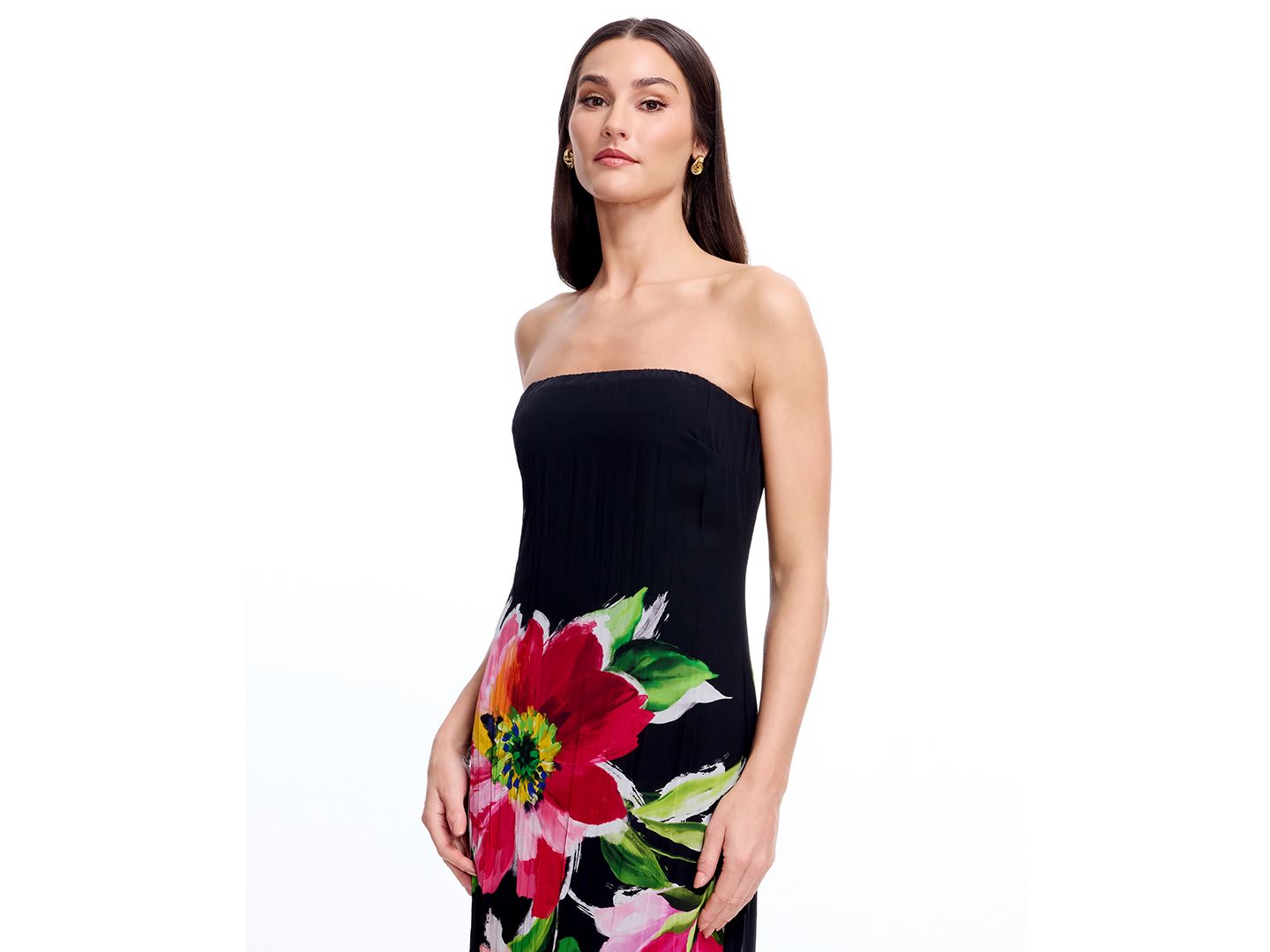 Женское платье Dress the Population Floral Print Strapless Long Gown, цвет: Чёрный разноцветный — фото 2