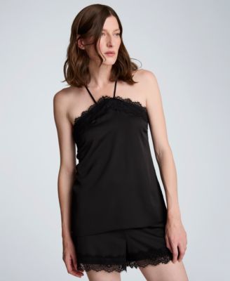 Women's Solid Satin Sleeveless Halter with Lace Trim