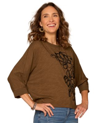 Petite Scoop Neck Embroidered Knit Top
