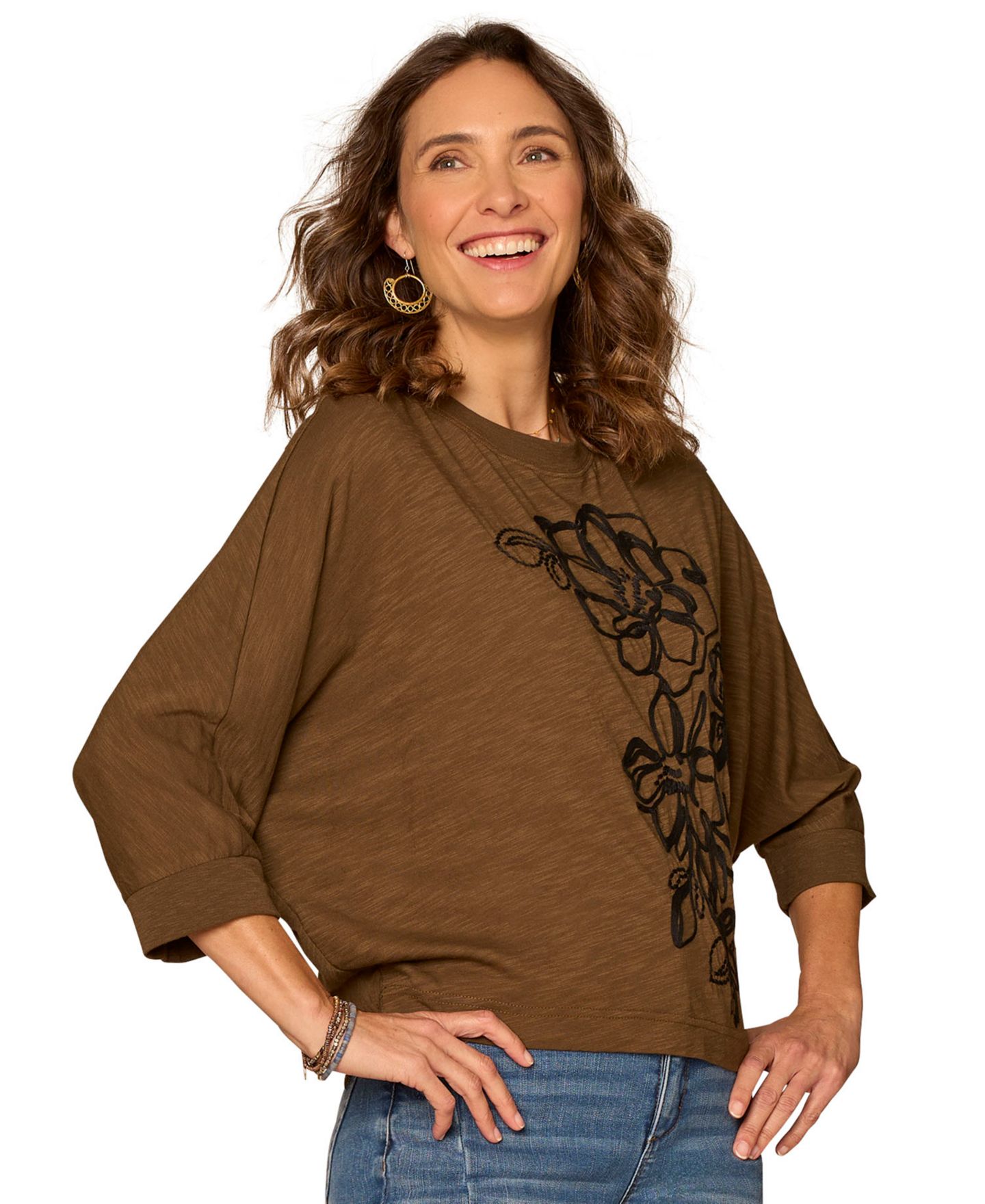 Женский топ Democracy Petite Scoop Neck Embroidered Knit, цвет: Мох — фото 1