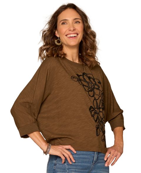 Женский топ Democracy Petite Scoop Neck Embroidered Knit, цвет: Мох