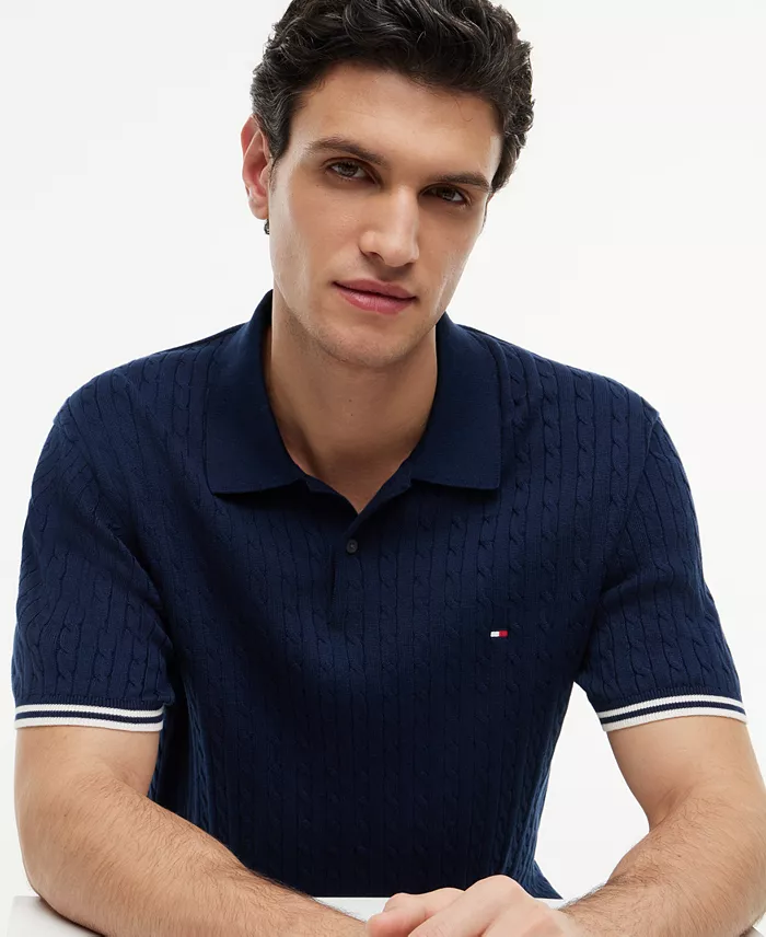 Men's Cable Knitted Short-Sleeve Sweater Polo Shirt - thumbnail 7