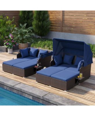 Outdoor Rattan Daybed with Retractable Canopy and Side Tables