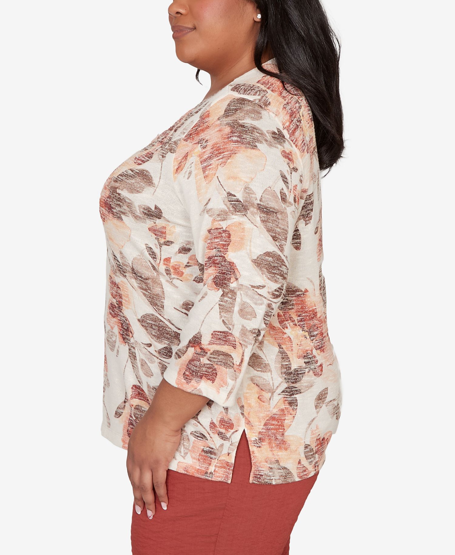 Plus Size Spice Market Embellished Neck Watercolor Floral Top