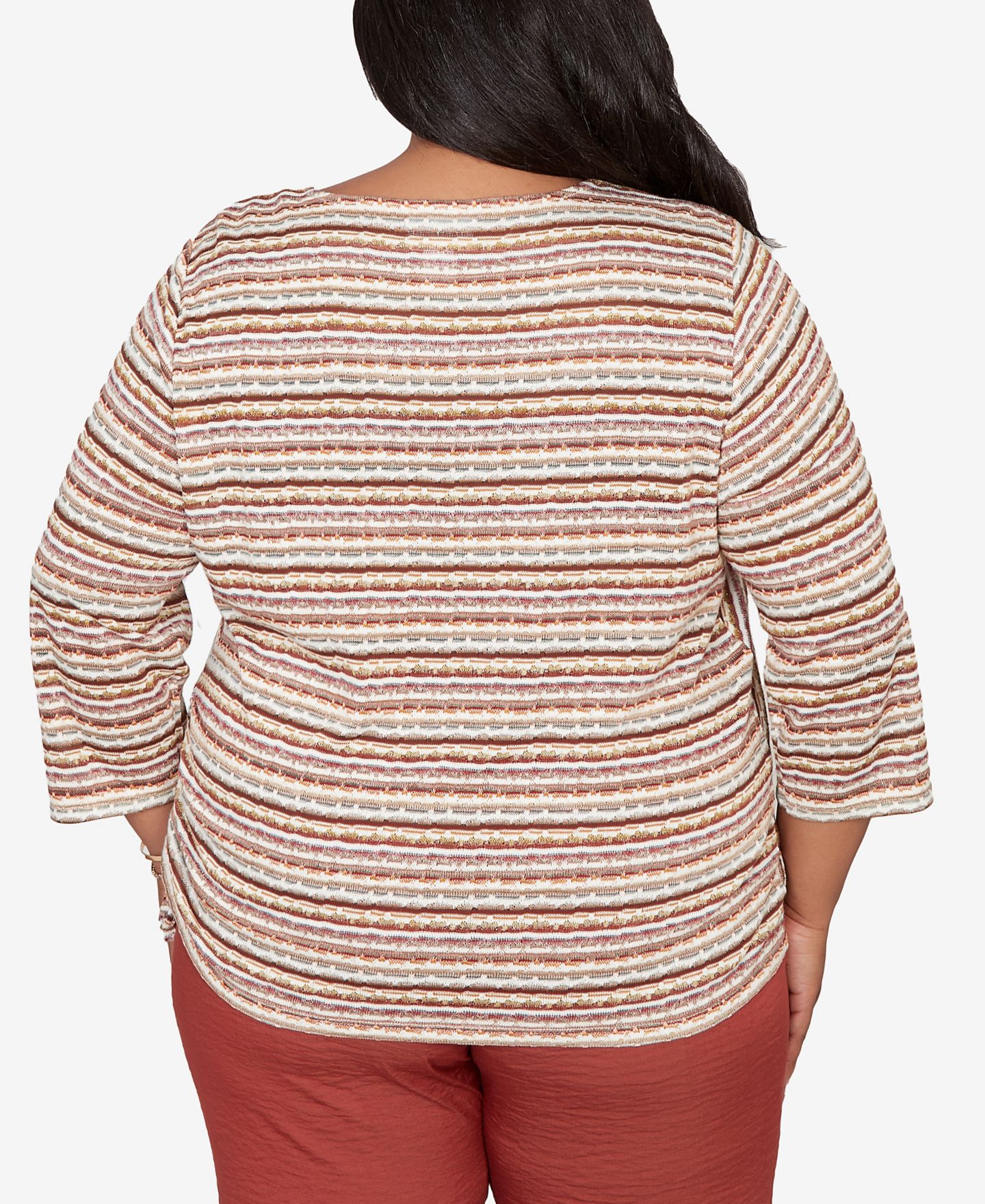 Женский топ Alfred Dunner Plus Size Spice Market Spliced Textured Stripe Ruched Tie, цвет: Коричневый разноцветный — фото 6