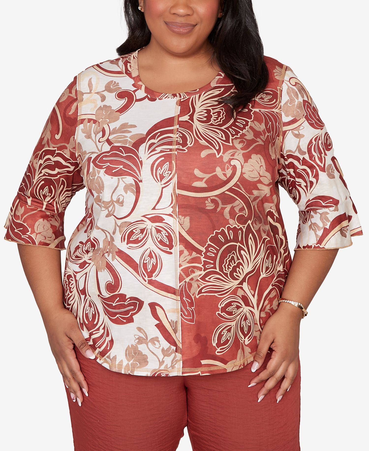 Plus Size Spice Market Spliced Colors Scroll Print Top