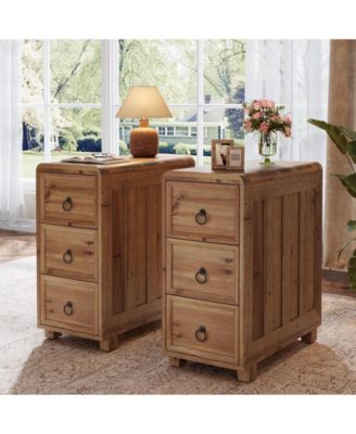Solid Wood End Table with 3 Drawers Set of 2, Narrow Sofa Side Table Nightstand Storage Cabinet for Living Room Bedroom Office