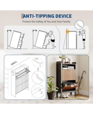 Fluted Shoe Cabinet with 2 Flip Drawers and Open Shelves, 23.6 x 9.4 x 43.7 in Slim Entryway Storage Organizer