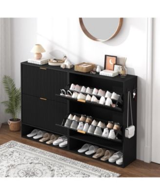 Fluted Shoe Cabinet with 2 Flip Drawers, Open Shelf and Side Hooks, Slim Entryway Storage for Hallway or Foyer