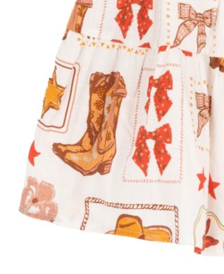 Rare Editions Girls' 2T-6X Western Printed Woven Romper Dress with Smocking