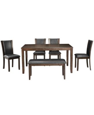 6-Piece Dark Walnut Farmhouse Dining Set with Wood Table Bench and Chairs