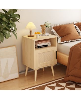 Oak Rattan Nightstand with Door and Open Shelf - Solid Wood Legs Accent End Table